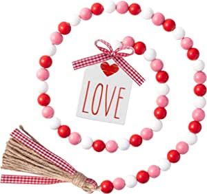 2ooya Valentine's Day Wood Beads Garland 41.2 Inch Rustic Red Pink Wood Bead with Jute Rope Plaid... | Amazon (US)