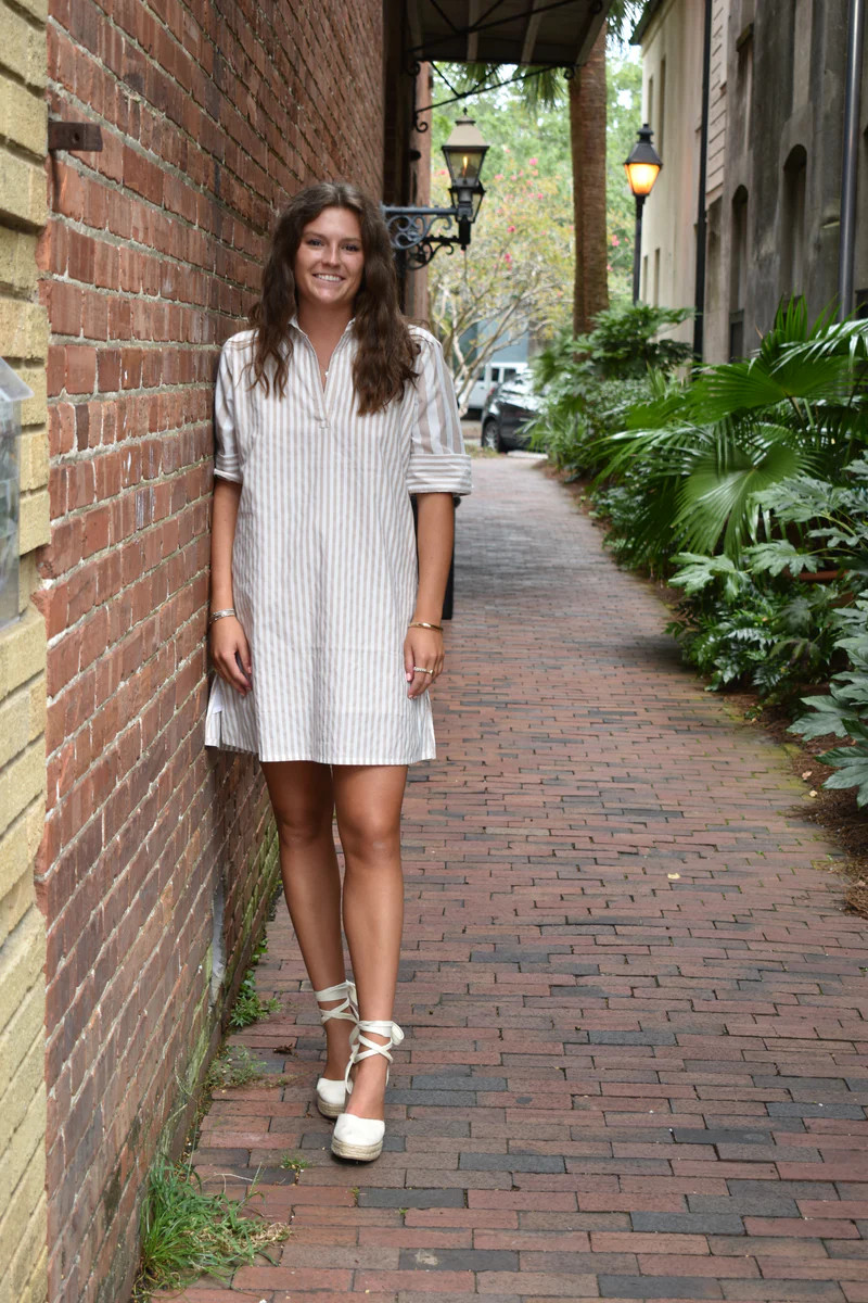 Darren Mini Dress Short Sleeve Sand Stripe | Madison Mathews