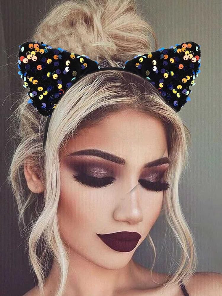 Catery Cat Ears Headband Sequins Kitty Ears Halloween Headband Glitter Bunny Ear Headbands for Wo... | Amazon (US)