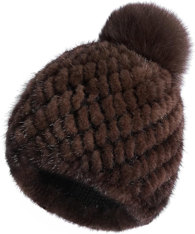 Bibury Knitted Mink Fur Stretch Hat, Mink Fur Beanie Hat with Fox Fur Pom Pom, Winter Hat | Amazon (US)