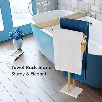 Standing Towel Rack Double-T Shape Tall Bath Towel Sheet Holder with Marble Design Base for Bathr... | Amazon (US)