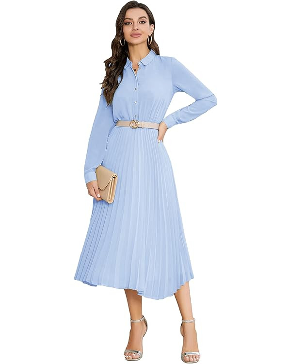 Business Casual Shirt Dress for Women Long Sleeves Pleated Midi Dresses with Belt | Amazon (US)