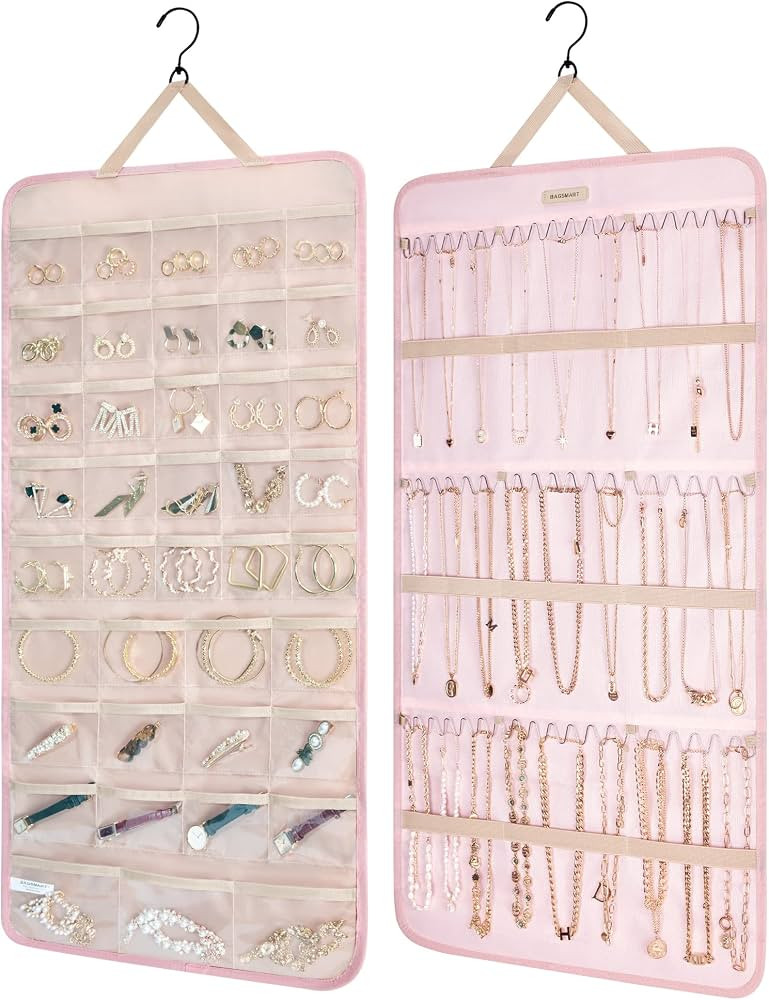 BAGSMART Hanging Jewelry Organizer Storage Roll with Hanger Metal Hooks Double-Sided Jewelry Hold... | Amazon (US)