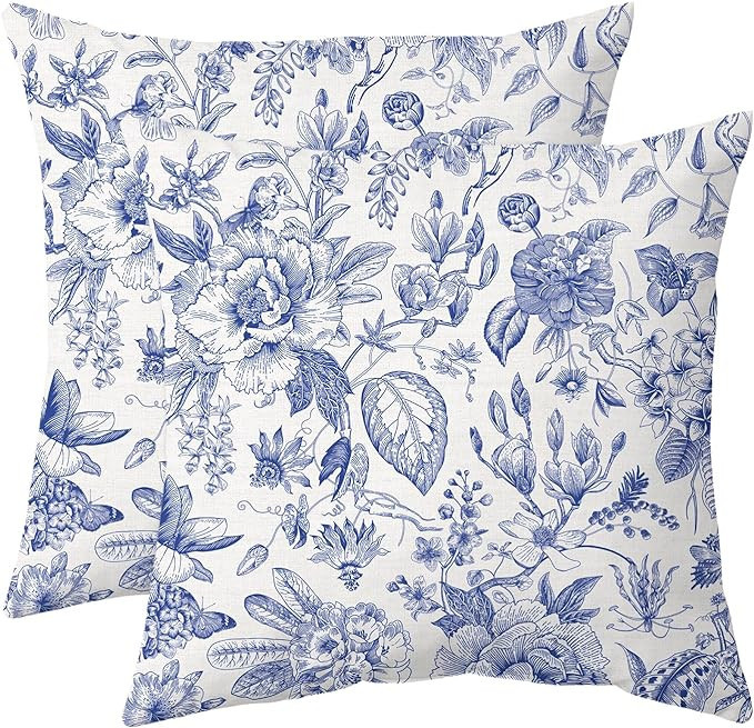 Chinoiserie Pillow Covers Set of 2 Outdoor Blue and White Porcelain Floral Decoration Cushion Cov... | Amazon (US)