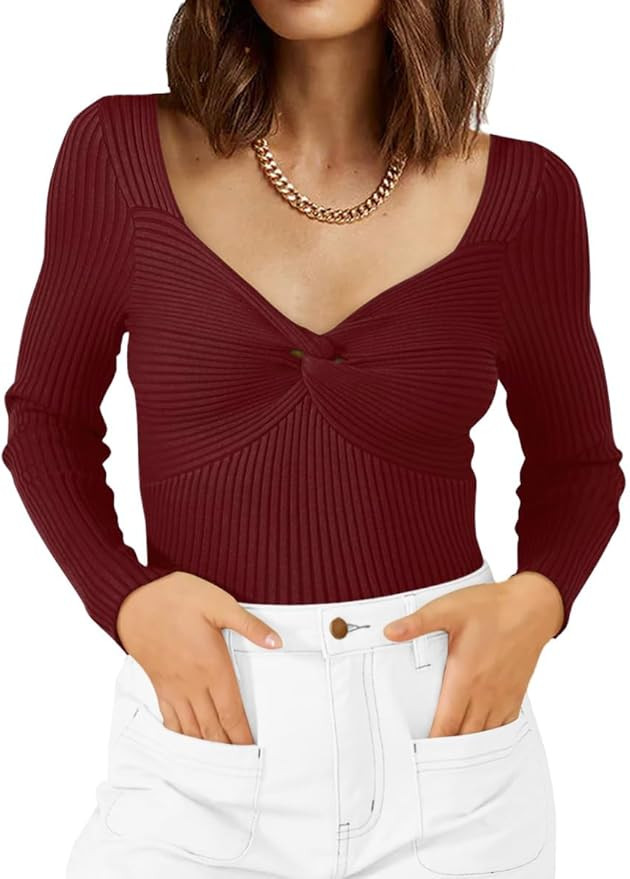 Zeagoo Sweaters for Women Fall Long Sleeve V Neck Sexy Ribbed Knit Sweater Slim Fit Solid Basic C... | Amazon (US)