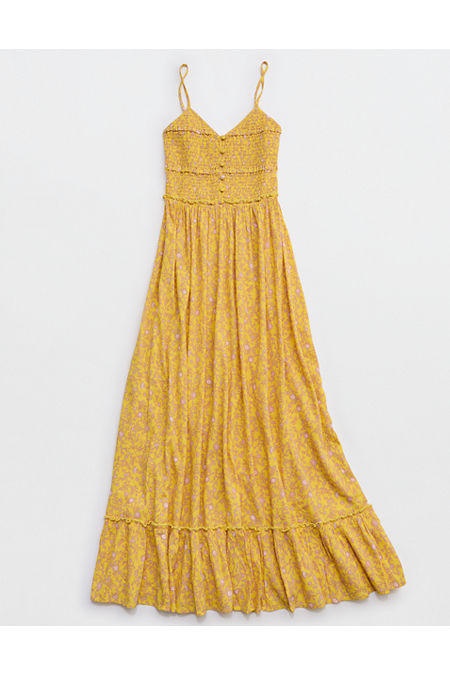 Aerie Button Front Maxi Dress Women's Yellow Infusion XXS | Aerie