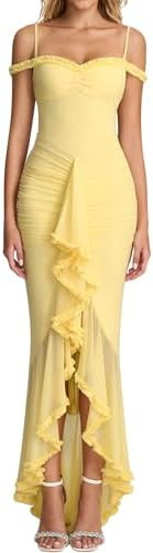 Amazon.com: KUTUMAI Women Ruffle Bodycon Maxi Dress Ruched Long Formal Cocktail Wedding Guest Dre... | Amazon (US)