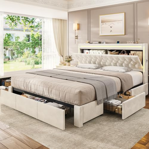 BTHFST King Upholstered LED Bed Frame with 5 Drawers, Velvet Hidden Storage Headboard with Charging Station, Button Tufted Headboard and Heavy Duty Metal Slats Support, No Box Spring Needed, Beige | Amazon (US)