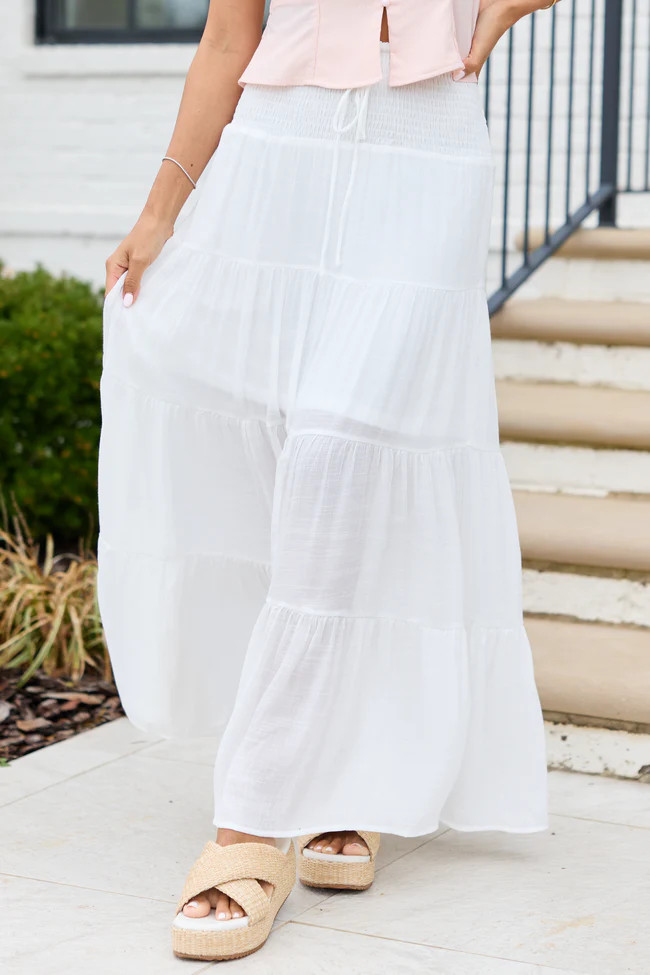 Giselle White Smocked Waist Maxi Skirt | Pink Lily