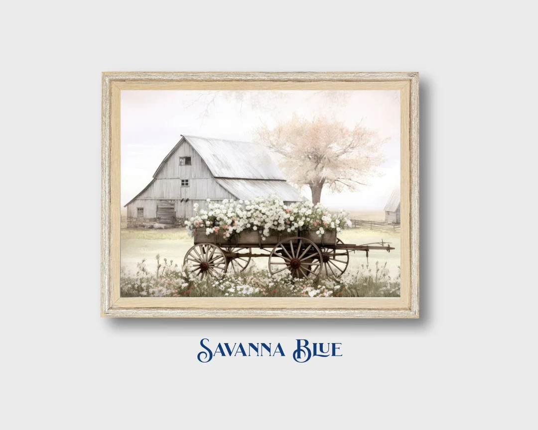 Floral Cart and Rustic Barn Spring Print Farmhouse Wall Art Country Scenery Rural Spring Decor In... | Etsy (US)