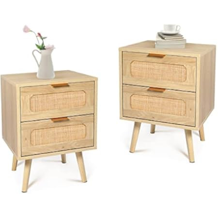 Rattan Nightstand Set of 2,Mid Century Modern Bedside with Storage,Wood End Table, Accent Side Ta... | Amazon (US)