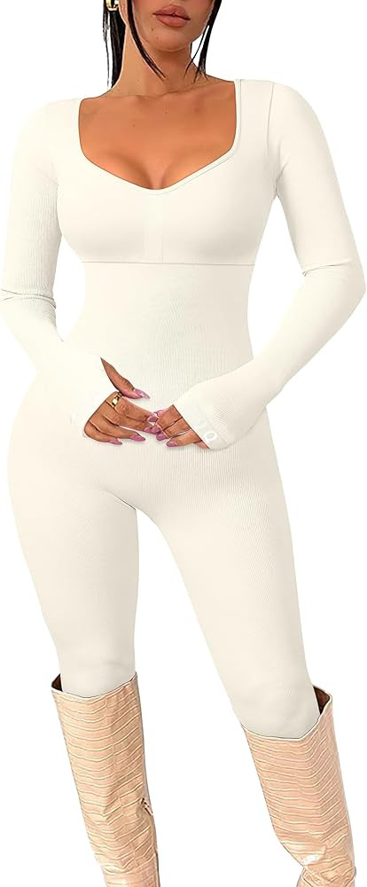 Women‘s Yoga Jumpsuits Workout Ribbed Workout Long Sleeve Tops Padded Sports Bra Exercise Jumps... | Amazon (US)