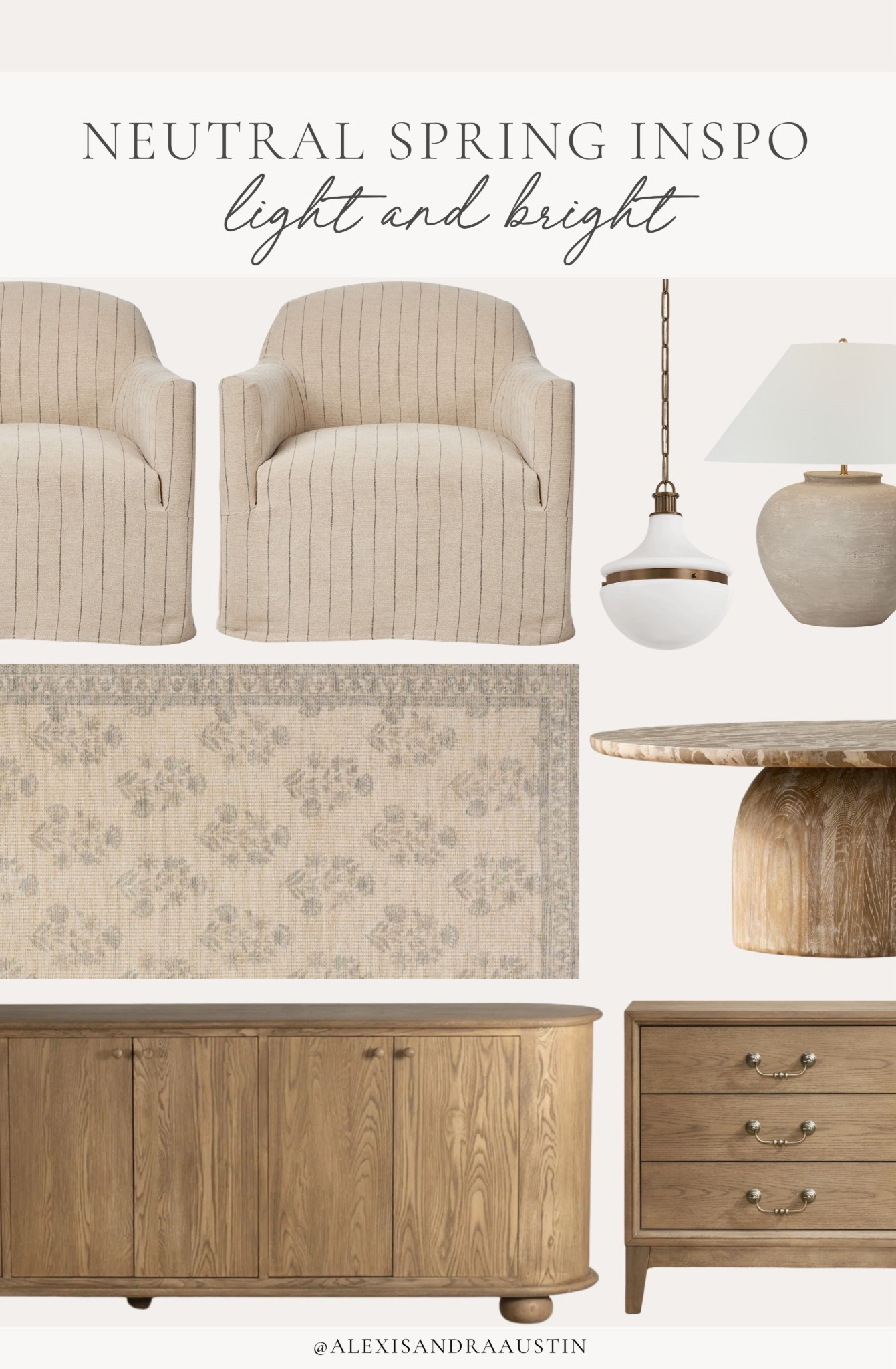 Light and bright neutral spring inspo! Adding in light elements for spring including neutral wood tones and natural linen details.

Home finds, neutral home inspo, furniture favorites, neutral wood tones, spring refresh, light and bright, accent chair, statement lighting, coffee table, sideboard details, nightstand favorites, vintage style area rug, pendant lighting, Wayfair, Kathy Kuo, shop the look!

#LTKHome #LTKSeasonal
