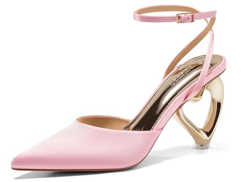 Coutgo Womens Kitten Heels Closed Pointed Toe Heart Heel Ankle Strap Satin Pumps Wedding Prom Dress Shoes, Pink, Size 7.5 | Amazon (US)
