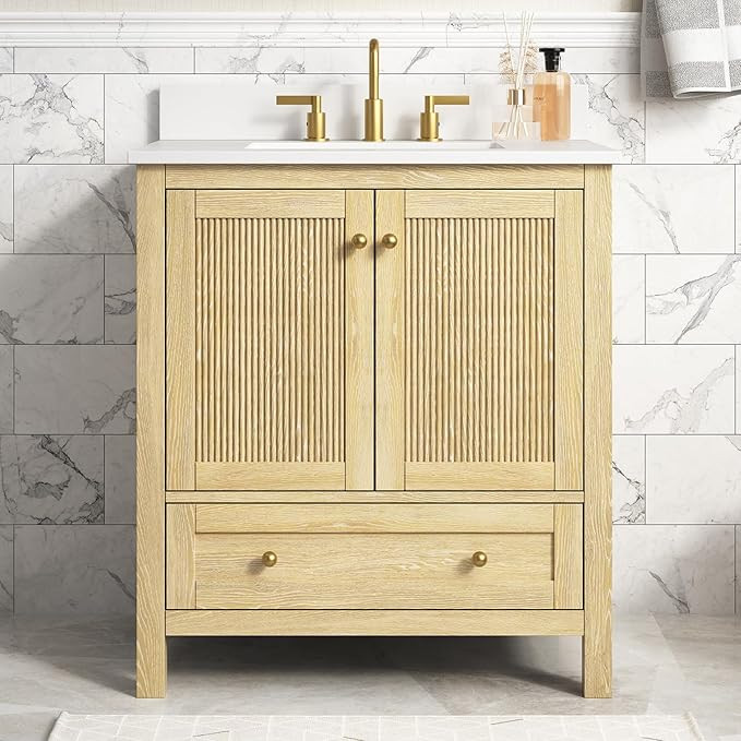 30 Inch Bathroom Vanity with Sink, Wood Grain Texture Bathroom Vanity Cabinet with Soft Close Doo... | Amazon (US)