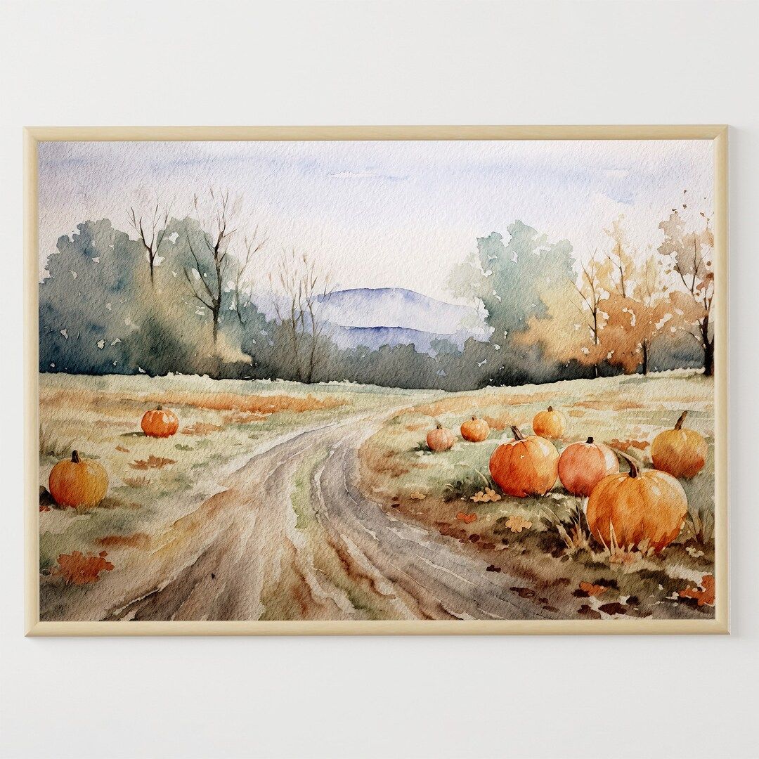 Autumn Vermont Landscape Watercolor Pumpkin Field Painting Fall Trees Art Print Farmhouse Wall Ar... | Etsy (US)