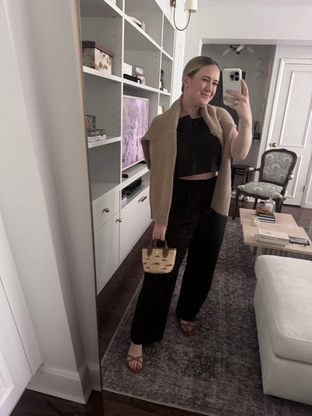 Linen two piece set. Reformation top (L) bottoms (8)
Jenni kayne cotton beach sweater - size M - code MEGHANDONO15 for 15% off
Longchamp bag
Ankle wrap sandal by Margaux
Summer outfit
Matching set 
Linen outfit 