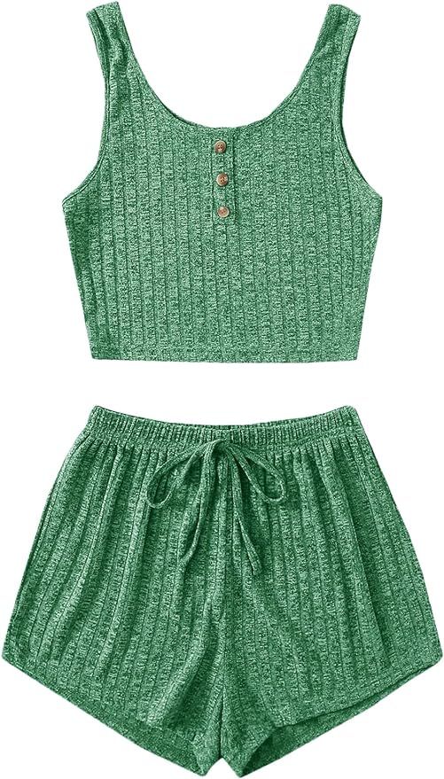 SOLY HUX Women's Button Front Ribbed Knit Tank Top and Shorts Pajama Set Sleepwear Lounge Sets | Amazon (US)