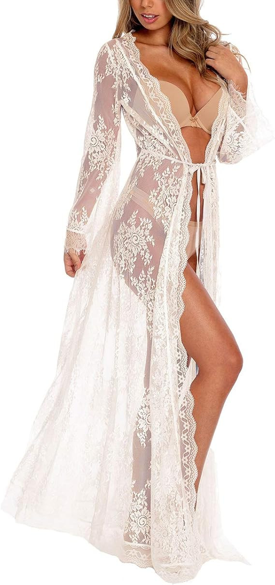 Bsubseach Lace Long Sleeve Beach Kimono Cover Up for Women Bikini Swimsuit Cover Ups Swimwear Car... | Amazon (US)
