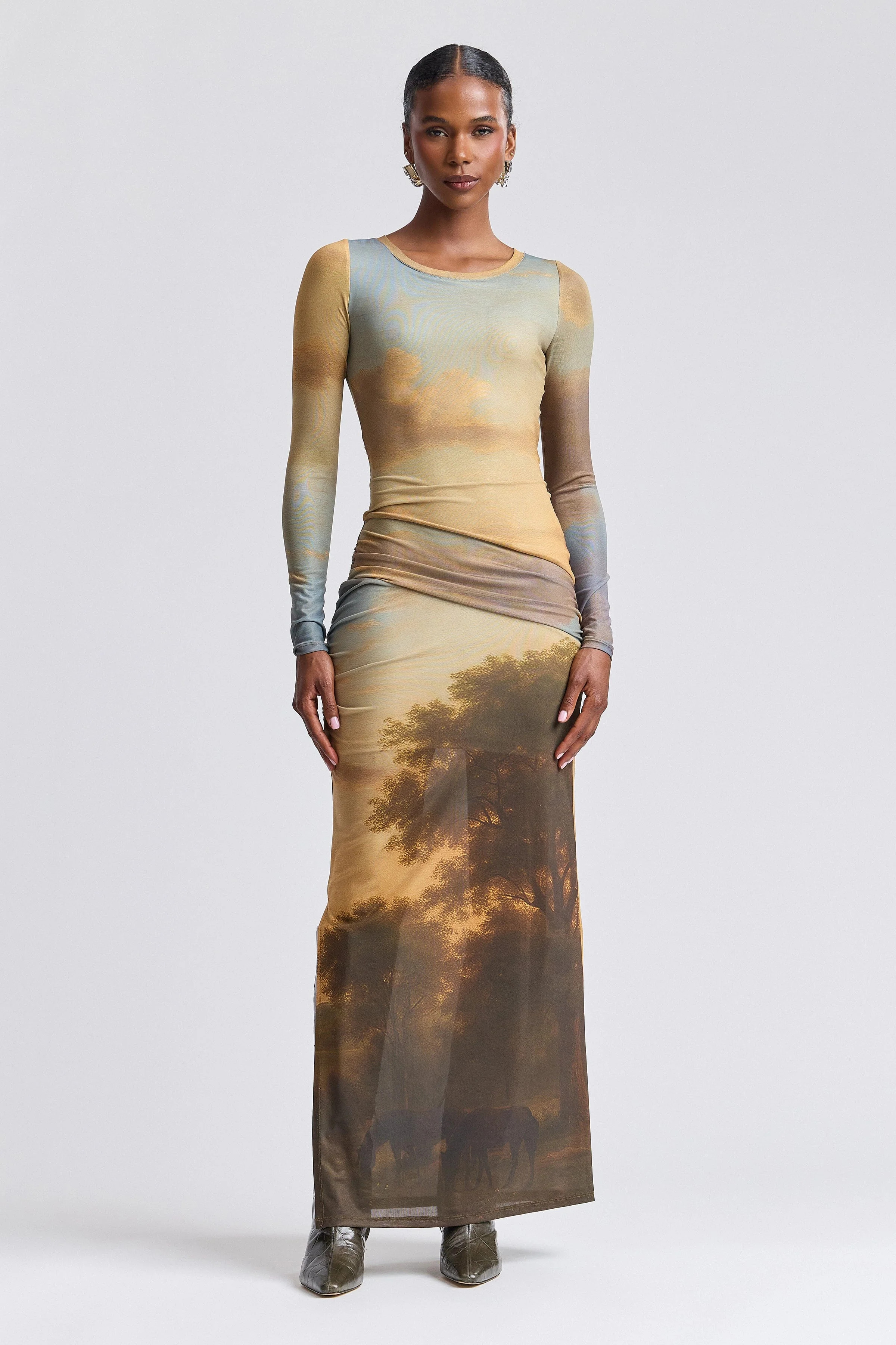 Printed Mesh Ruched Maxi Dress | Avec Les Filles