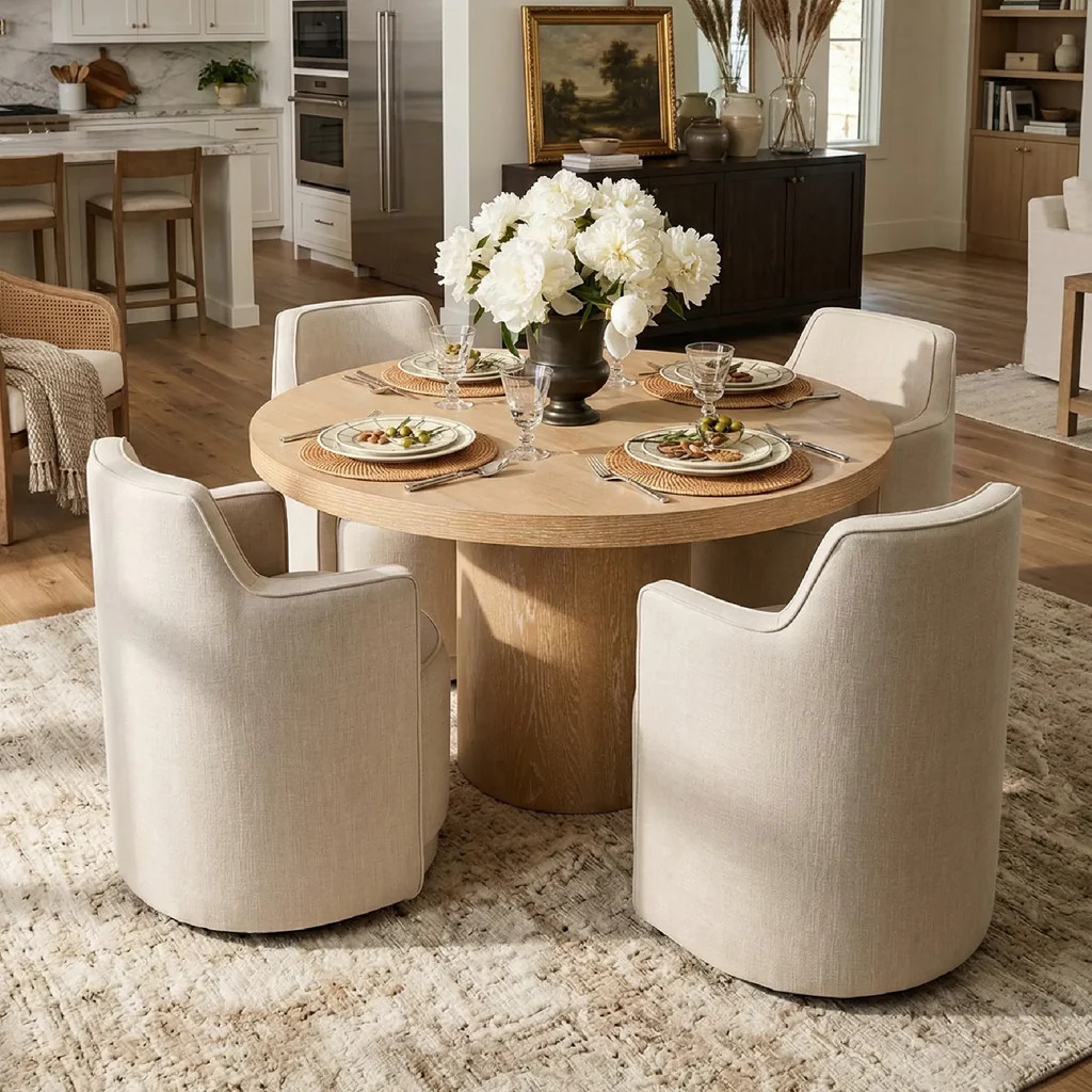 Elon & Yisa 47" Solid Oak Round Linen Pedestal Dining Table Set (5-Piece) | Pop Maison