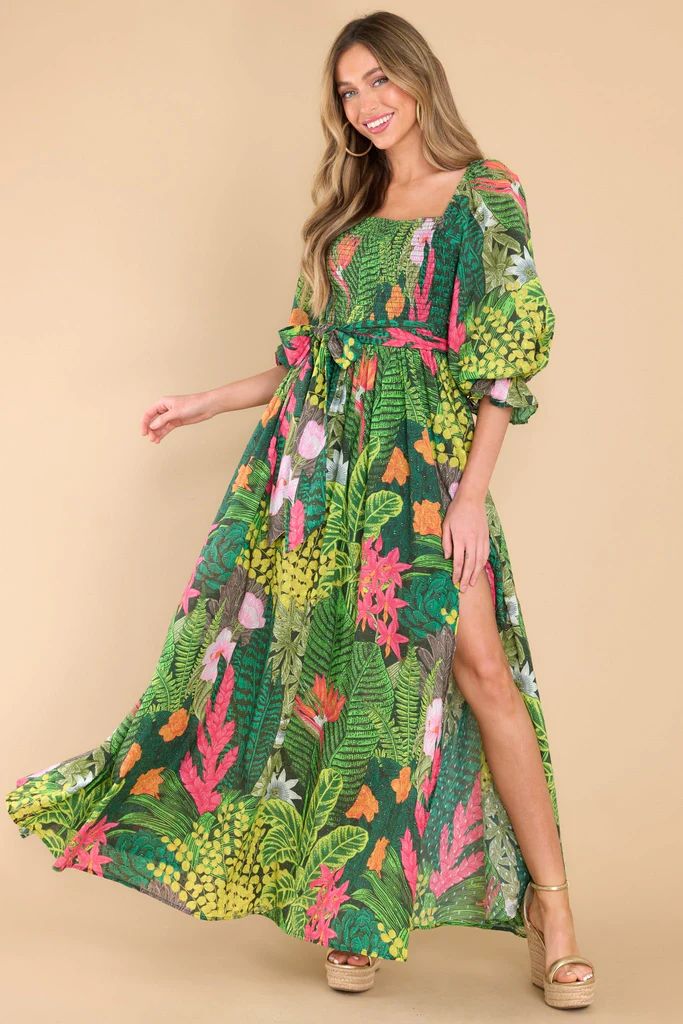 Leaves In The Wild Green Print Dress | Red Dress 