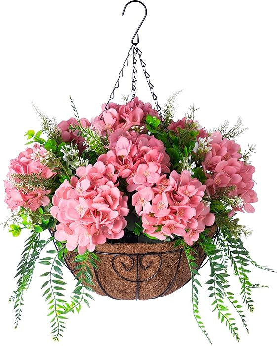 Artificial Hanging Hydrangea Flowers with Basket for Outdoor Spring Decoration, Fake Silk Hydrangea Flower Outdoor Indoor Arrangements, Fake Hanging Plants for Balcony Garden Yard Decor(Champagne) | Amazon (US)