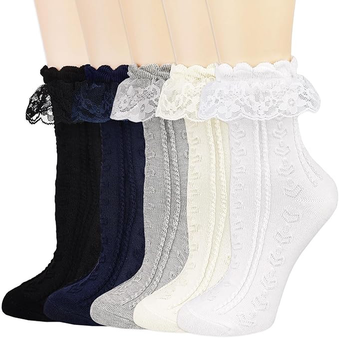 BIVOLU Womens Crew Socks Lace Ruffle Frilly Cotton Cute Princess Ankle Dress Socks for Girl 5 Pac... | Amazon (US)