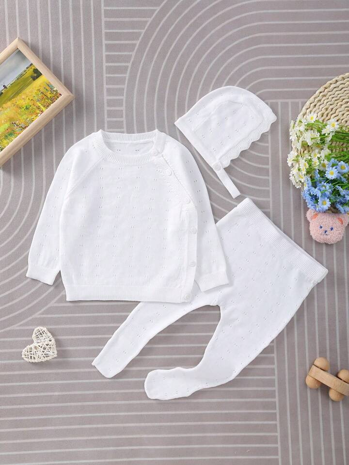 3pcs/Set Newborn Baby Knitted Long Sleeve Romper With Hat, Light Weight | SHEIN