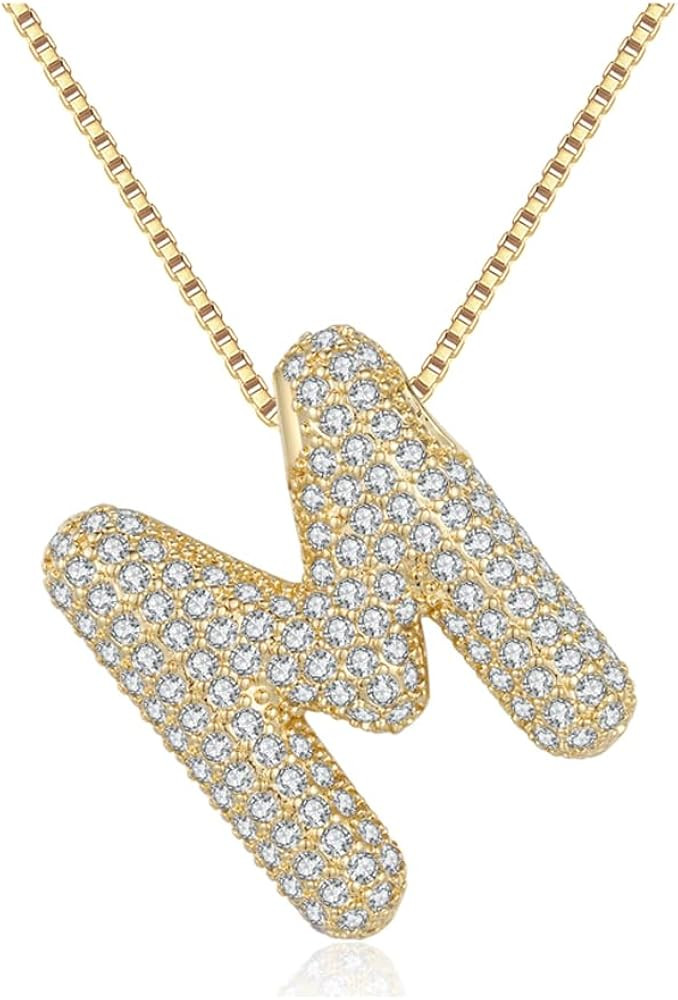 Bubble Letter Necklace Gold for Women，Charm Balloon Initial Letter Pendant Zirconia Inlaid Neck... | Amazon (US)