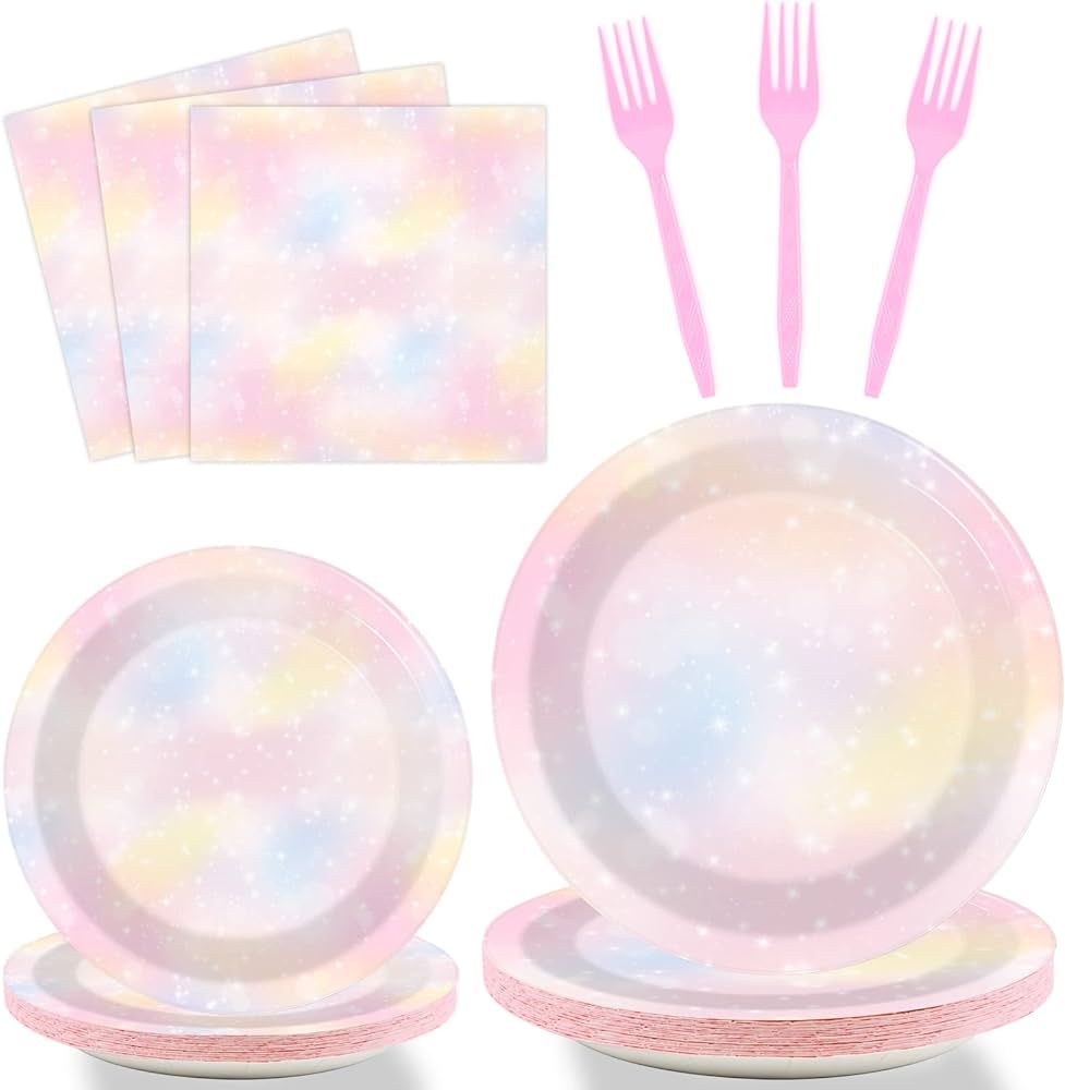 Tevxj 96PCS Pastel Rainbow Tableware Set Rainbow Birthday Dinnerware Disposable Plates Rainbow Cl... | Amazon (US)