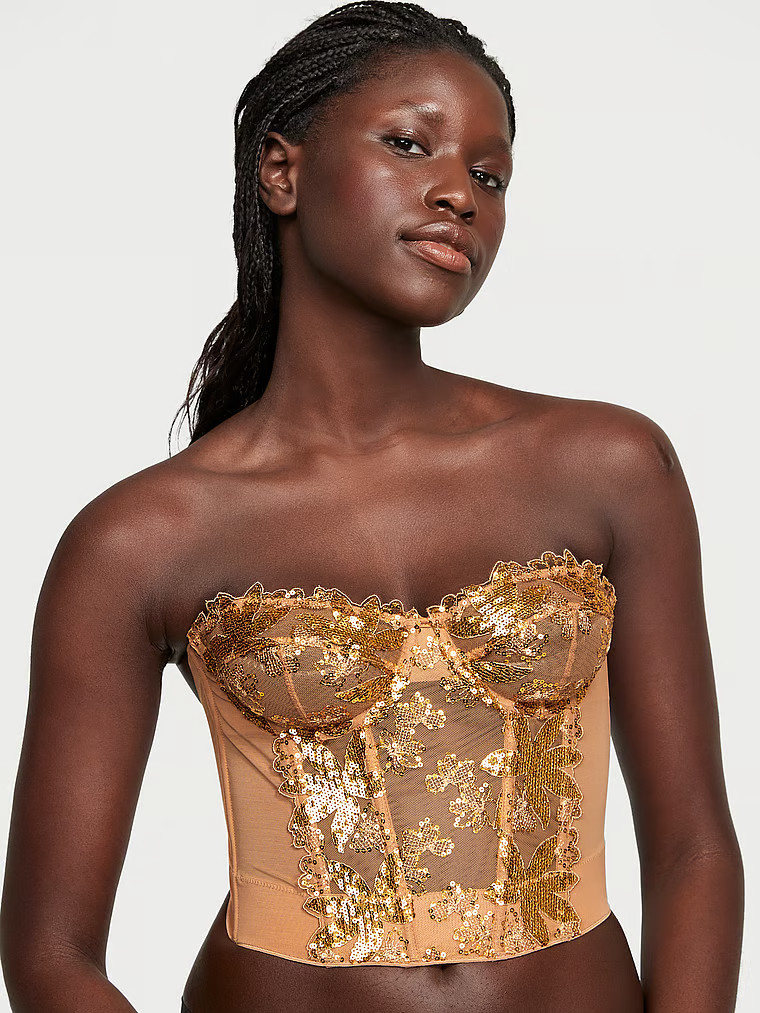 Gold Sequined Ziggy Glam Floral Embroidery Unlined Corset Top | Victoria's Secret (US / CA )
