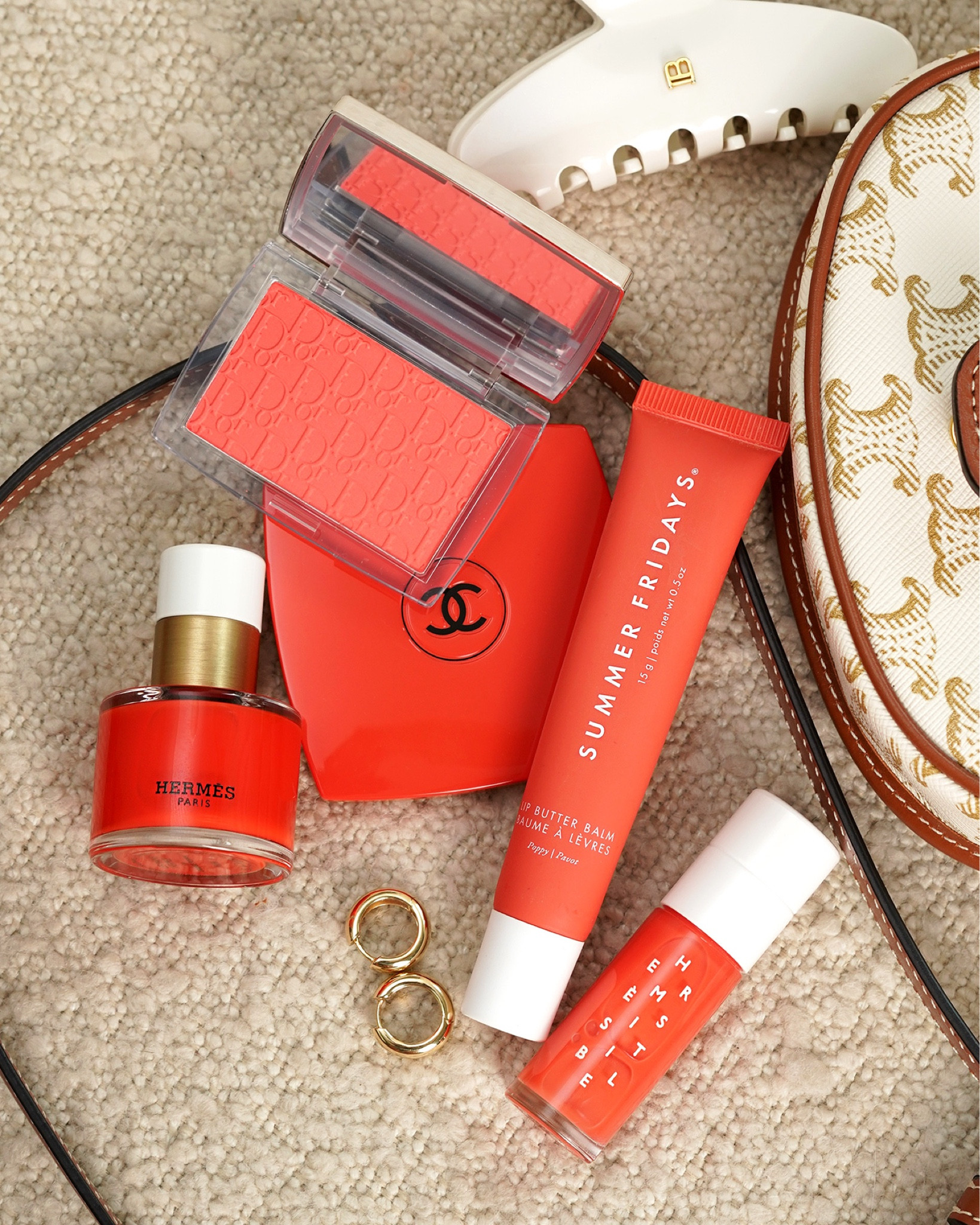 Summer Fridays Lip Butter Balm in Poppy
Dior Rosy Glow Blush in Poppy Coral
Hermes Lip Oil 02 Corail Bigarade
Hermes Nail Polish Orange Poppy
Mejuri Small Plush Hoops
Celine Mini Besace Triomphe Canvas

#LTKBeauty