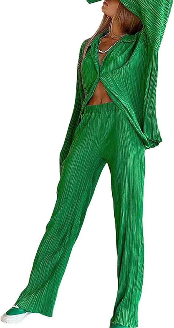 Pleated 2 Piece Outfits for Women Long Sleeve Oversized Button Down Shirt Wide Leg Pants Sets Cas... | Amazon (US)