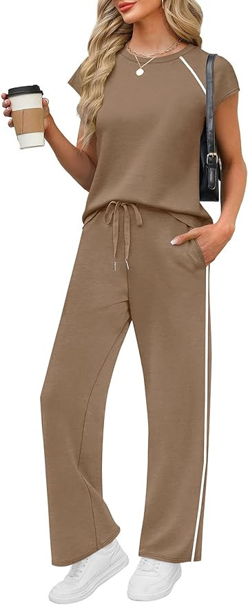 PRETTYGARDEN Women's 2 Piece Lounge Sets 2026 Summer Cap Sleeve Tops Wide Leg Pants Travel Outfit... | Amazon (US)