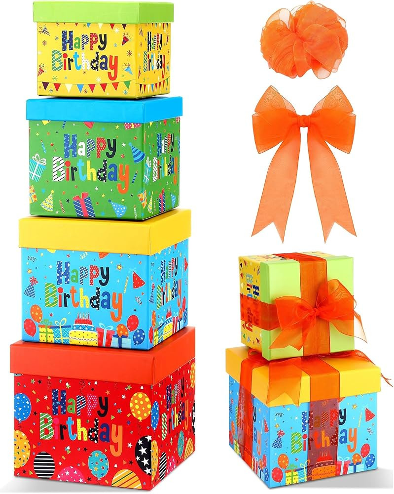 Dispowreath 4 Pcs Birthday Gift Boxes with Lids Ribbon Christmas Colorful Square Box 4 Assorted S... | Amazon (US)
