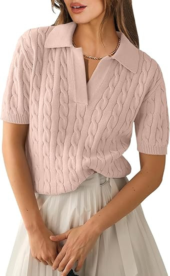 ANRABESS Women's Short Sleeve Sweaters Tops Polo V Neck Cable Knit Casual Soft Pullover Shirts 20... | Amazon (US)