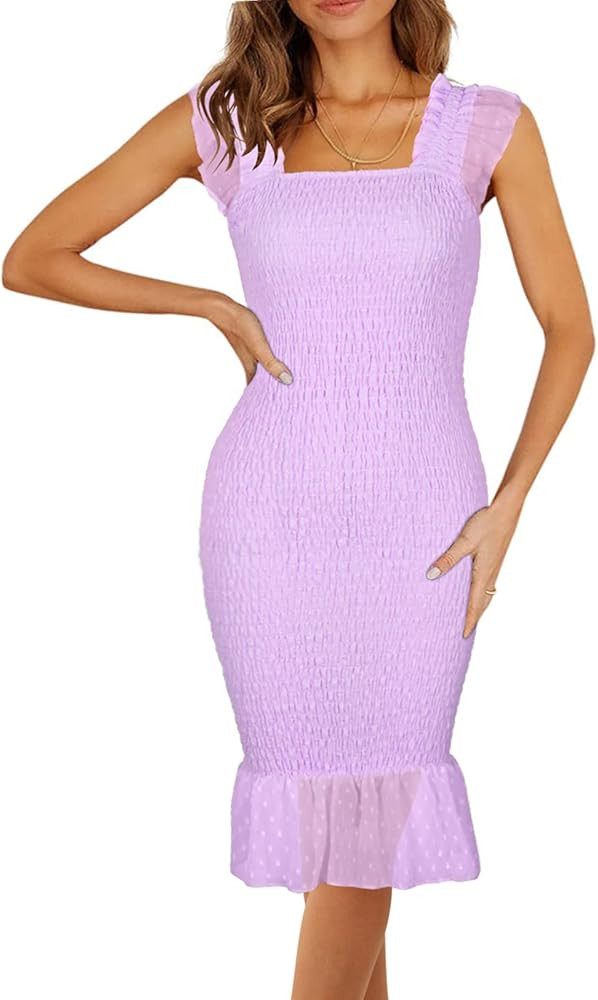 FARORO Summer Midi Dresses Sleeveless for Women - Smocked Bodycon Tank Dress Summer Backless Dres... | Amazon (US)