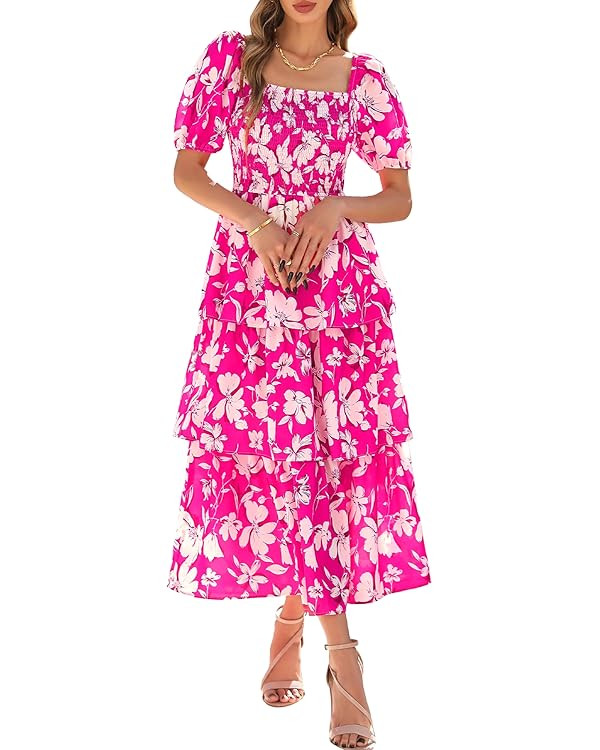BTFBM Womens Square Neck Smocked Dress Summer Puff Short Sleeve Floral Casual Ruffle Tiered Maxi ... | Amazon (US)