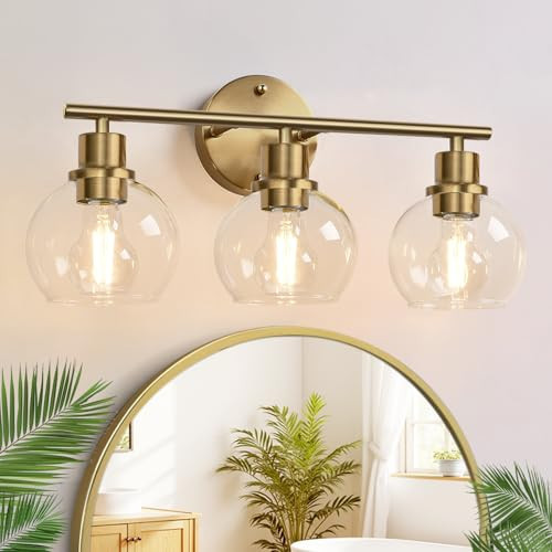 2025 Upgrade 3-Light Bathroom Light Fixtures, Brushed Brass Bathroom Lights Over Mirror with Clear Glass Globe Shade, Vanity Lights for Bathroom Kitchen Living Room Hallway Cabinet Bedroom Porch | Amazon (US)