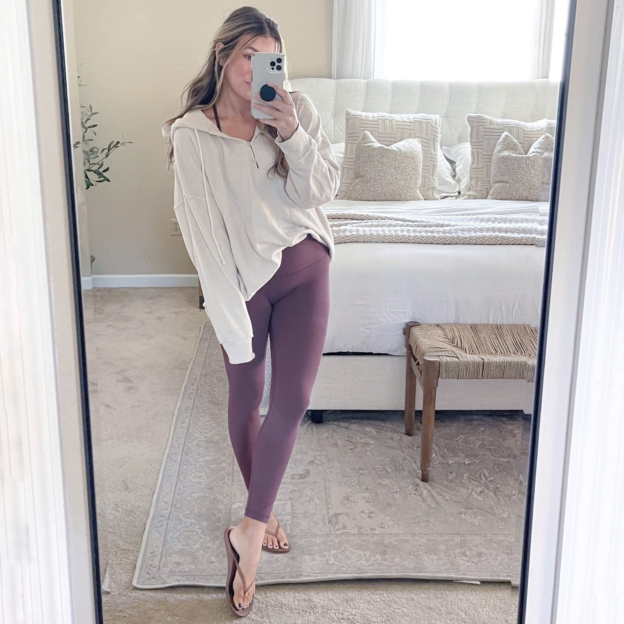 Casual outfit. Oversized hoodie from Aerie size M (sized up for extra oversized look) and Crzyoga leggings size small. Reef sandals.

#LTKSeasonal #LTKstyletip #LTKsalealert