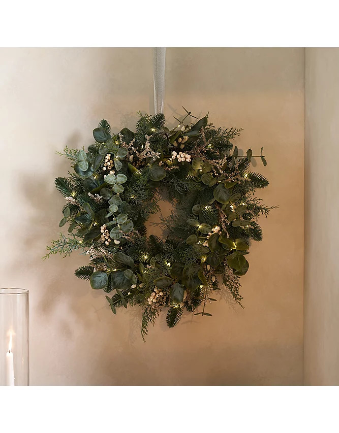 65cm Pre-Lit Frosted Eucalyptus Wreath | The White Company UK & ROW