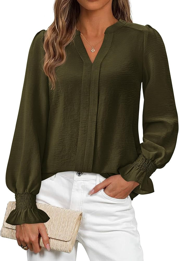 Okiwam Womens Long Sleeve Tops V Neck Shirts Dressy Casual Blouses Business Work Clothes 2025 Fal... | Amazon (US)