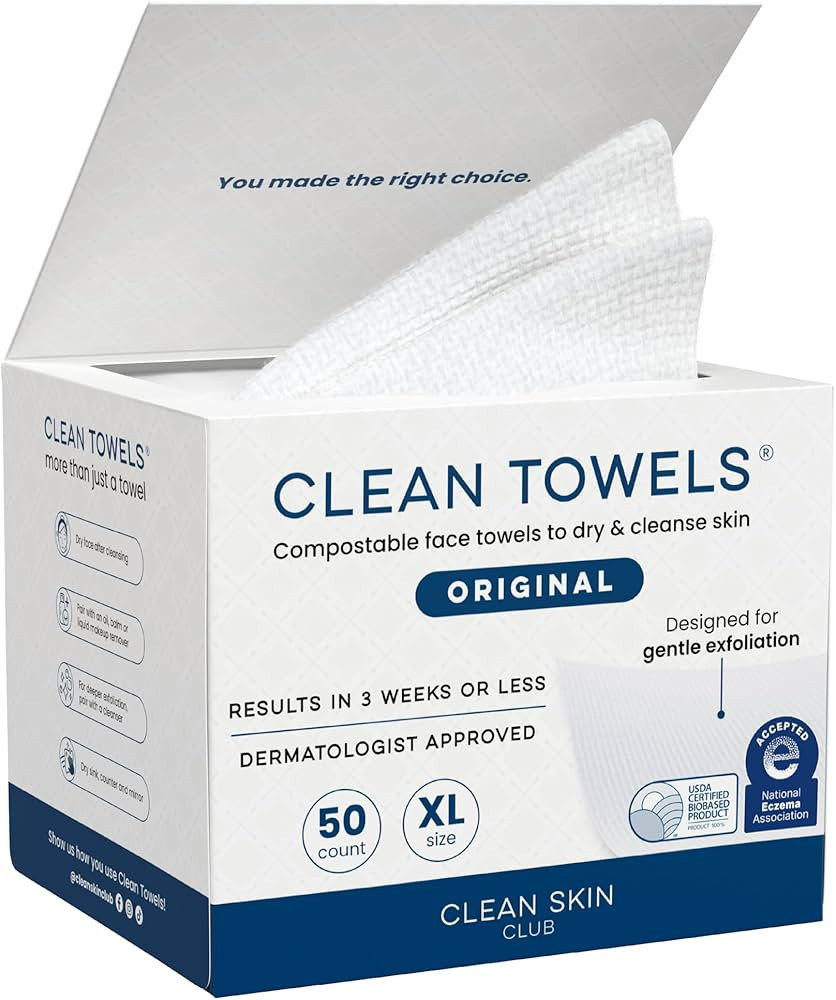 Clean Skin Club Clean Towels XL®, 100% USDA Biobased Face Towel, Disposable Face Towelette, Ecze... | Amazon (US)