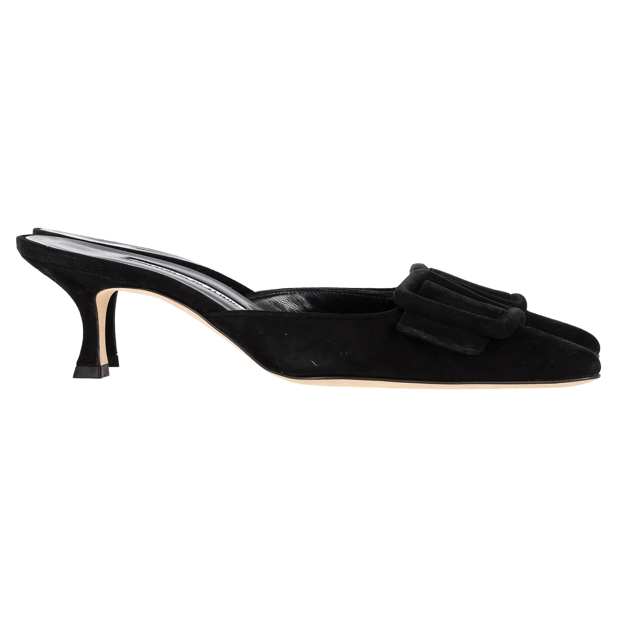 Manolo Blahnik Maysale Kitten Heel Mules in Black Suede | Shop Simon