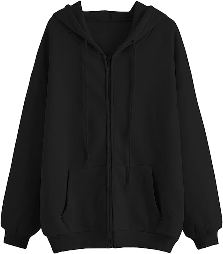 SHEIN Women's Oversized Long Sleeve Drawstring Drop Shoulder Zip Up Hoodie Sweatshirt | Amazon (US)