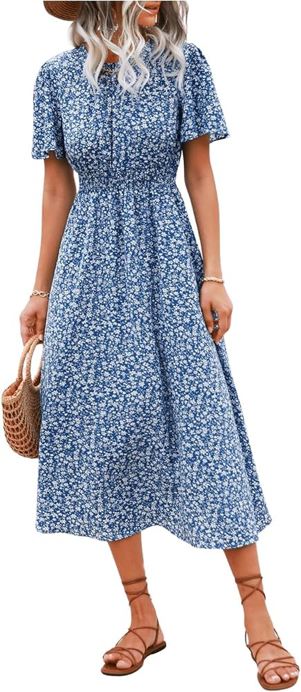 Floerns Women's Casual Floral Print Crewneck Short Sleeve A Line Boho Maxi Dress | Amazon (US)