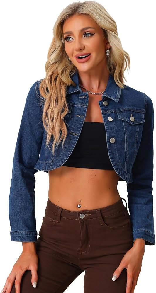 Allegra K Casual Denim Jacket for Women's Collared Button Down Long Sleeve Crop Jean Jackets | Amazon (US)