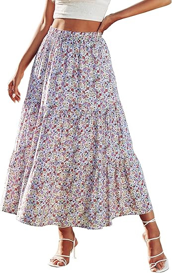 KIRUNDO Womens 2024 Spring Summer High Waist Boho Floral Maxi Skirt Casual Flowy Swing Pleated A ... | Amazon (US)