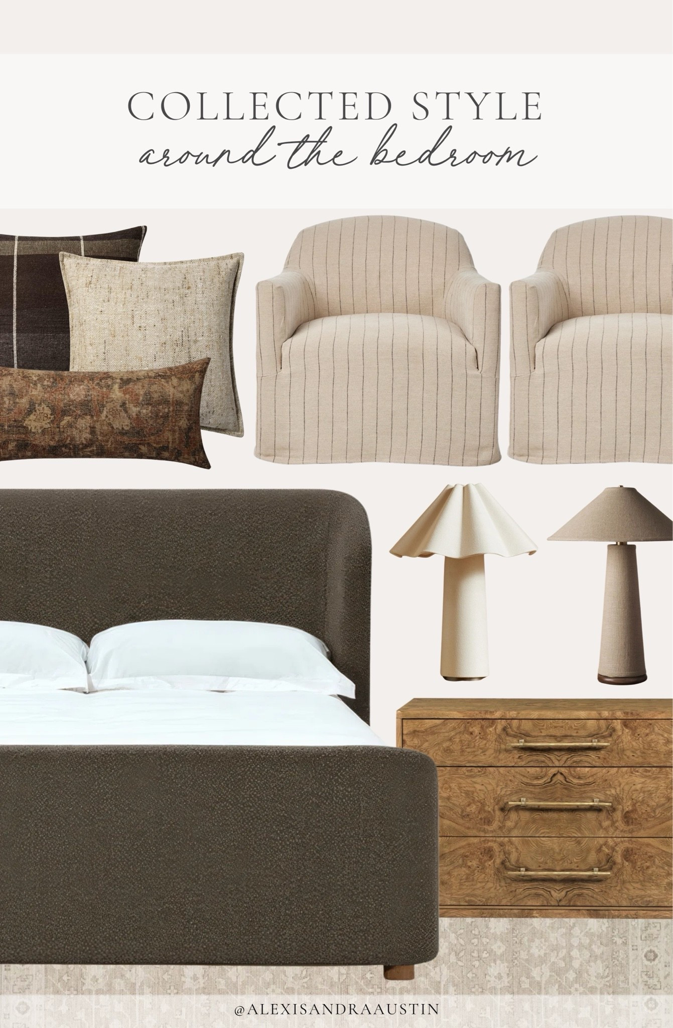 Collected style home favorites around the bedroom! Loving the curved wingback of this moody bed combined with classic linen details, neutral wood tones, and cozy throw pillows.

Home finds, neutral home inspo, furniture favorites, neutral wood tones, curved wingback bed, linen upholstered chair, table lamp, cozy throw pillow, nightstand favorites, bedroom refresh, summer refresh, fall transition, Wayfair, Loloi, Lulu and Georgia, Kathy Kuo Home, Loloi, shop the look!

#LTKSeasonal #LTKHome